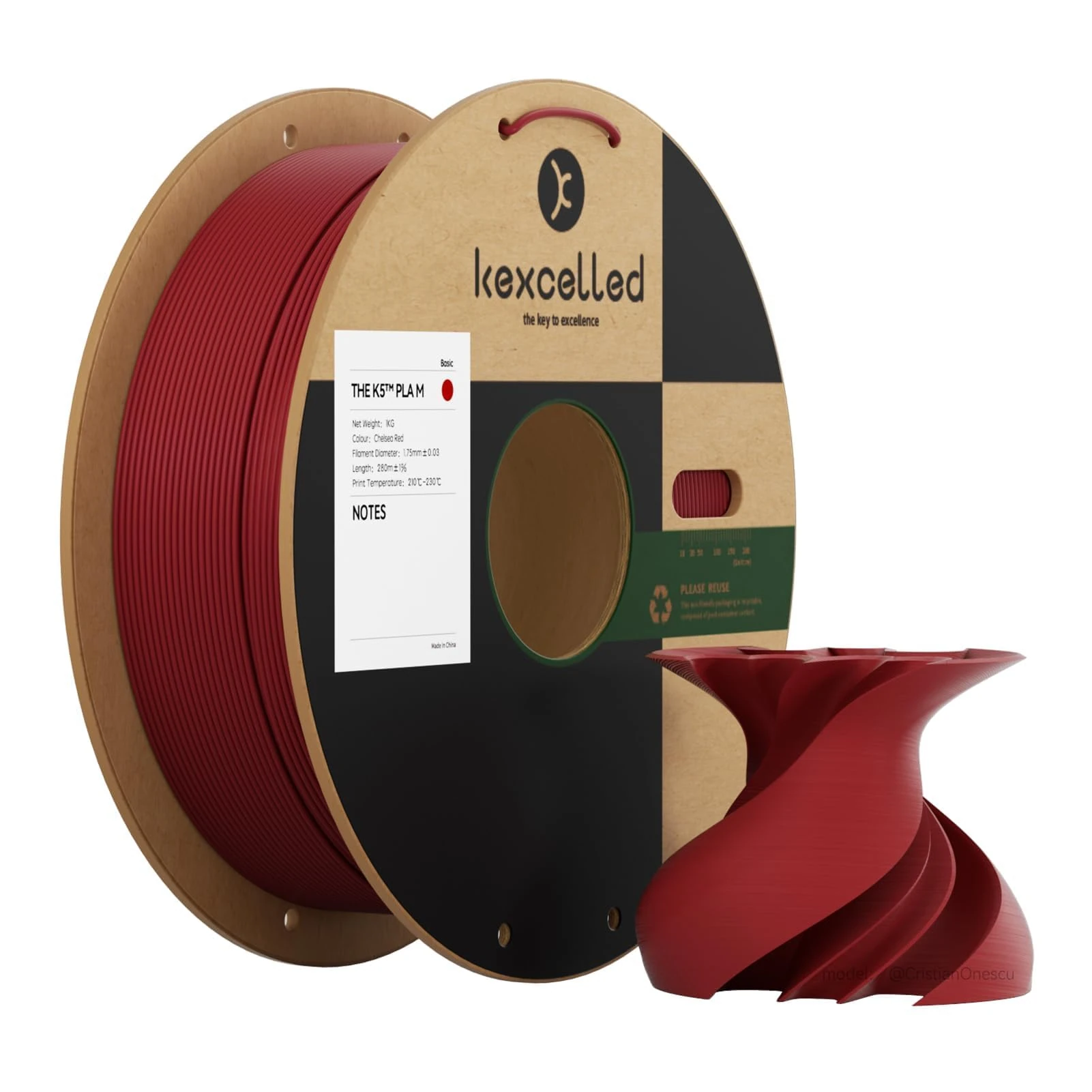 kexcelled Matte PLA Cherry Red Filament 1.75mm Frosted Finish 3D Printing Aesthetic Material for Decor 1kg Spool Muted Tones FDM Printer Compatible