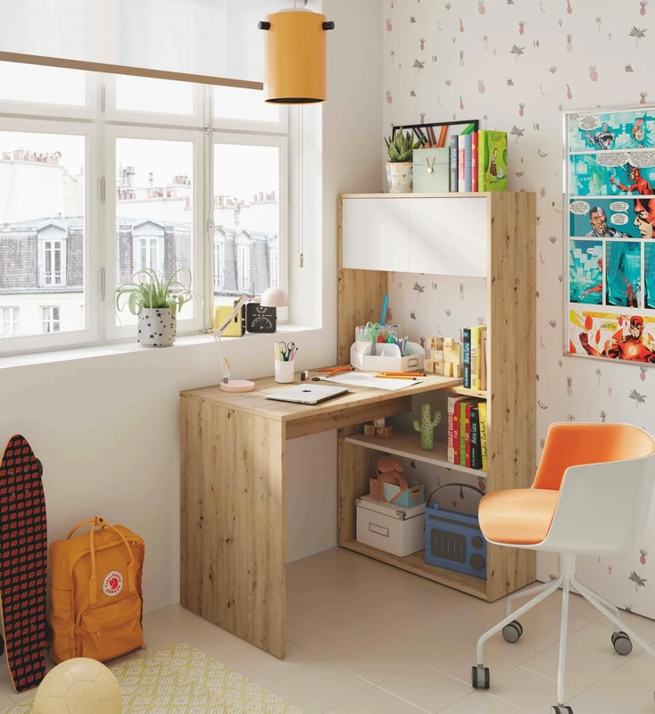 Dmora - Desk Riverside, Reversible corner writing desk with bookcase, Multiposition study or office table, 108x70h140 cm, White and oak knots