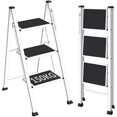 KINGRACK 3 Step Ladder, Folding Ladder with Non-Slip and Wide Pedal, Folding Step Stool for Adults, Lightweight and Portable Step Ladder, White