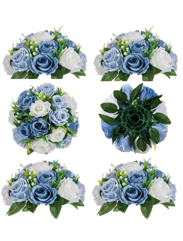 BLOSMON Flower Centerpieces for Tables Wedding 6 Pcs Dusty Blue Fake Flowers Rose Arrangement Bouquet Floral Centerpiece Balls Artificial Wedding Center Pieces of Valentines Day Home Party Decor
