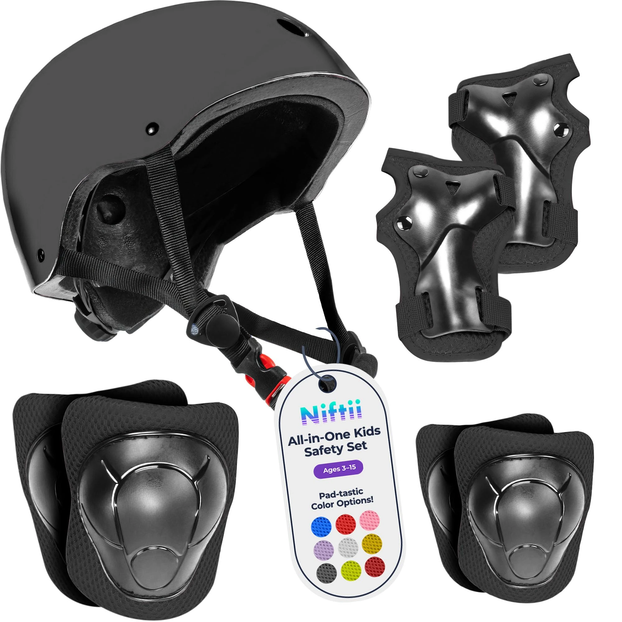 Niftii Kids Helmet with Pads - Adjustable Multi-Sport Complete Safety Gear for Cycling, Skateboarding & Scooting, Ideal for Boys & Girls Ages 3-15 Kids Bike Helmet Set, Black