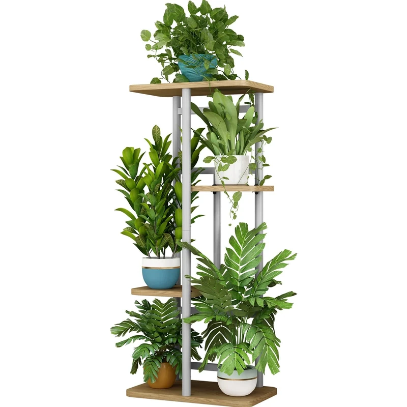 LINZINAR Plant Stand 4 Tier 5 Potted Indoor Plant Shelf Multiple Stands for Garden Corner Balcony Living Room (4 Tier 5 Potted, White)