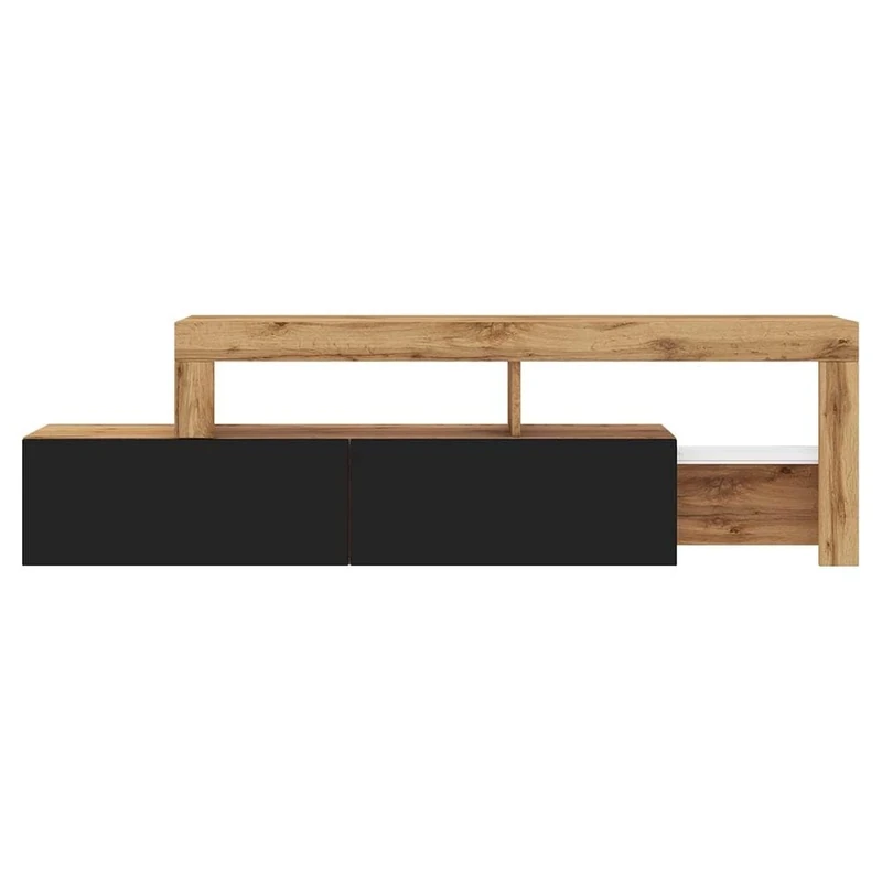SELSEY Asten Wooden TV Cabinet 172 x 50 x 33 cm, Matte Black & Warm Wotan Oak, Fits TVs Up to 70 Inch/40kg, LED Lighting Option, 2 Open Shelves & Compartments, Living Room Style