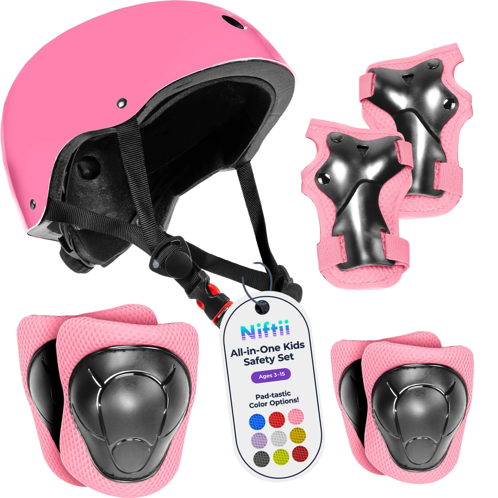 Niftii Kids Helmet with Pads - Adjustable Multi-Sport Complete Safety Gear for Cycling, Skateboarding & Scooting, Ideal for Boys & Girls Ages 3-15 Kids Bike Helmet Set, Pink