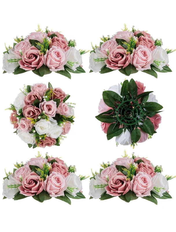BLOSMON Flower Centerpieces for Tables Wedding 6 Pcs Fake Flowers Rose Arrangement Bouquet Floral Centerpiece Balls Dusty Rose Artificial Wedding Center Pieces of Valentines Day Home Party Decor