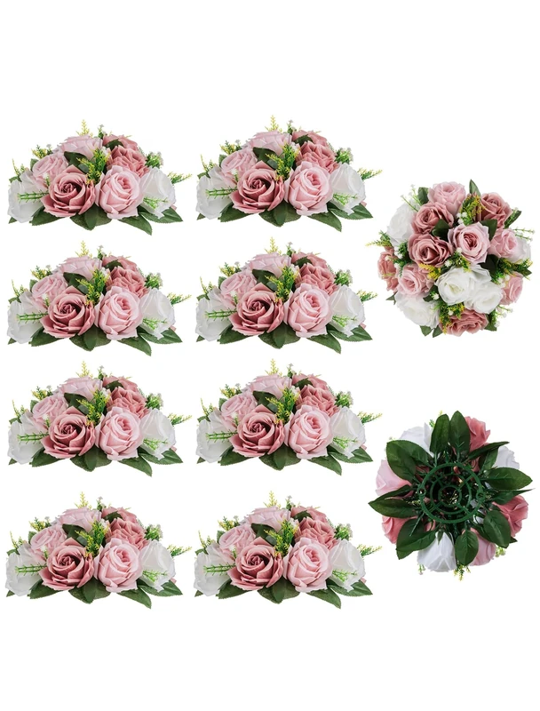 BLOSMON Flower Centerpieces for Tables Wedding 10 Pcs Fake Flowers Rose Arrangement Bouquet Floral Centerpiece Balls Dusty Rose Artificial Wedding Center Pieces of Valentines Day Home Party Decor