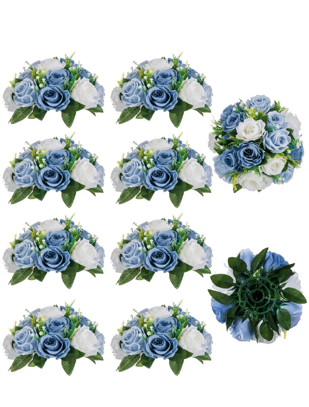 BLOSMON Flower Centerpieces for Tables Wedding 10 Pcs Dusty Blue Fake Flowers Rose Arrangement Bouquet Floral Centerpiece Balls Artificial Wedding Center Pieces of Valentines Day Home Party Decor