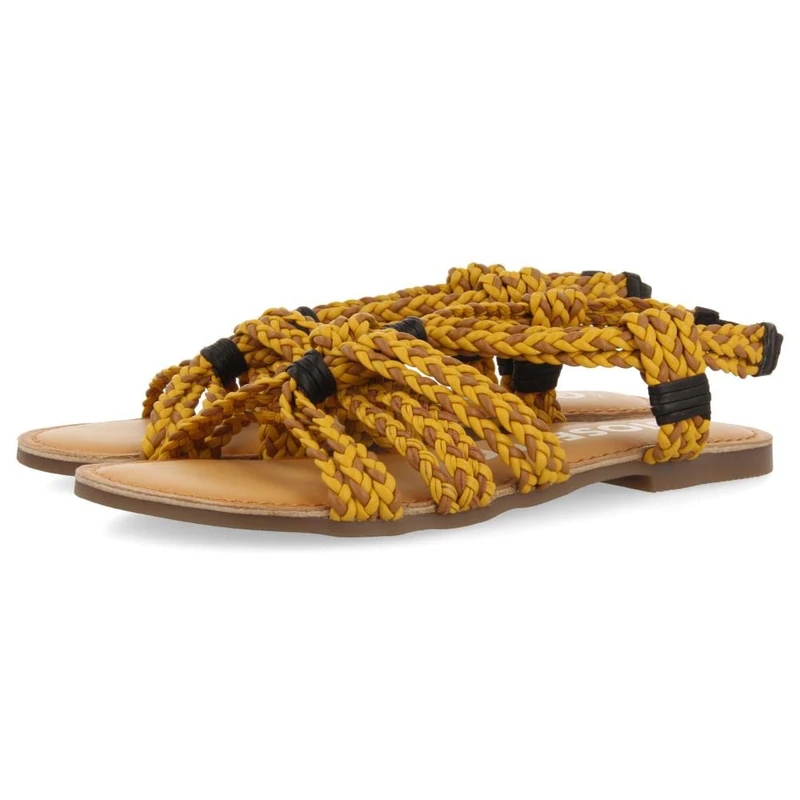 GIOSEPPO Flat Sandals with Black and White Braided for Women matupa, Mustard, 8 UK