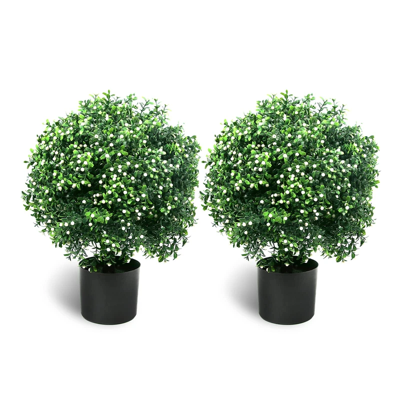 Sunnyglade 21.6” Tall Artificial Jasmine Topiary Ball Tree Set of 2 Pack Potted Bushes UV Resistant Potted Plants for Indoor Outdoor Home Garden (White)