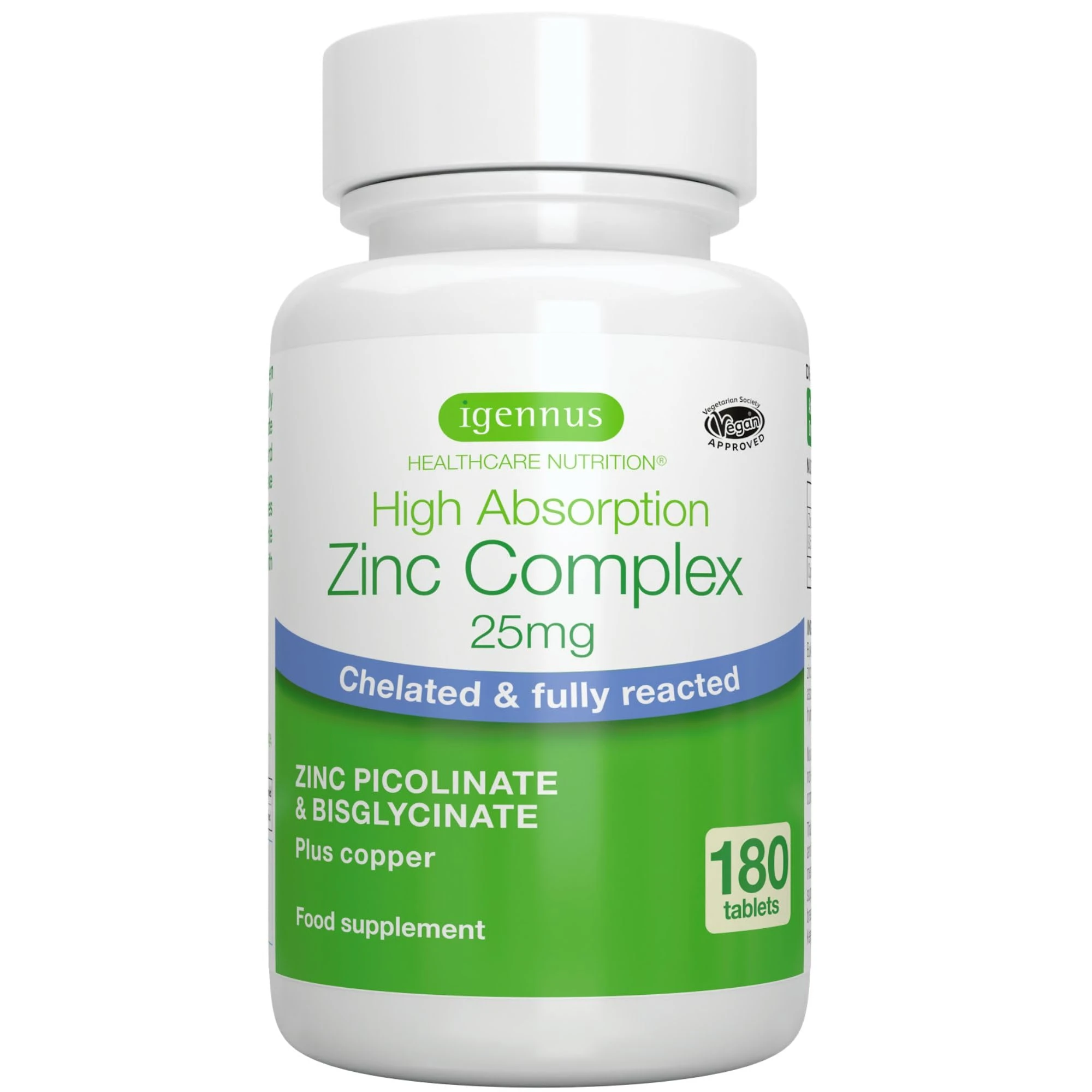 Igennus Clean Chelated Zinc Picolinate & Bisglycinate Complex 25mg with Copper, 6 Month Supply 180 Tablets, High Absorption & Lab Verified, Non -GMO, Supplement for Men & Women, Immune Support & Skin