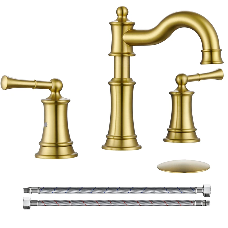 WINKEAR Roman Bathroom Sink Faucet 3 Holes Brushed Gold 2 Handle Wide 8 Inch Deck Mounted Installation with Overflow Pop Up Drain and Water Supply Lines