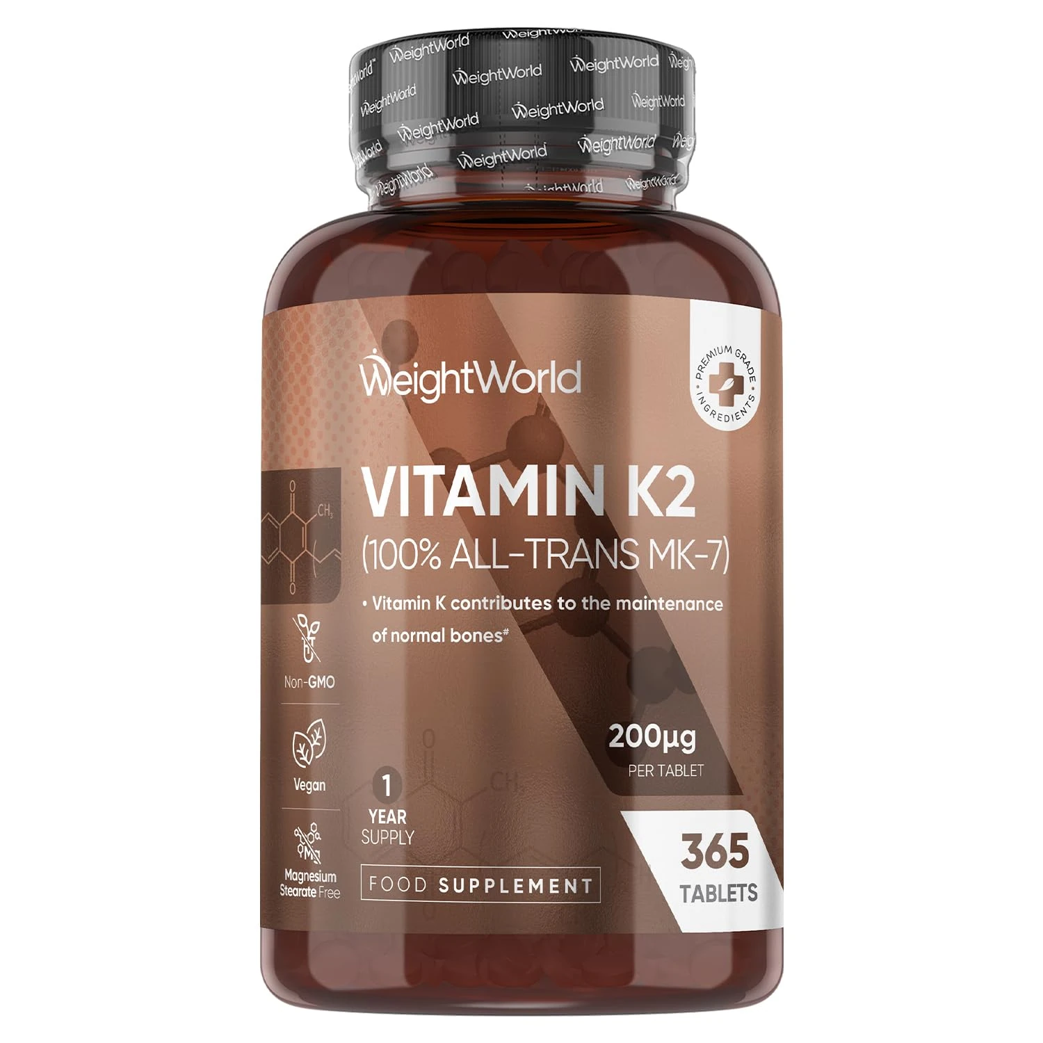 Vitamin K2 MK7 200mcg - 1 Year Supply - 365 Tablets - K2 Vitamin Supplements for Men & Women - 1 Tablet a Day - 100% All-Trans MK-7 - Vegan, Non-GMO & Magnesium Stearate-Free