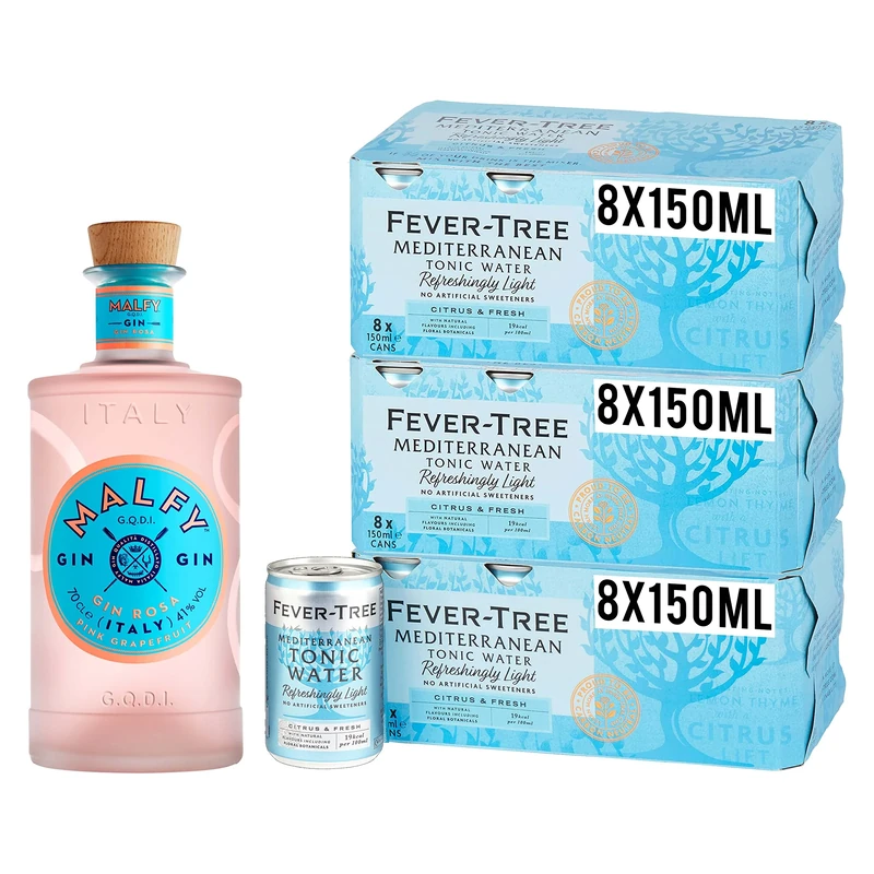 Malfy Rosa Gin Tonic Bundle: Malfy Rosa Sicilian Pink Grapefruit Flavoured Gin, 70cl & Fever-Tree Refreshingly Light Mediterranean Tonic Water 8 x 150ml (Pack of 3, Total 24 cans)