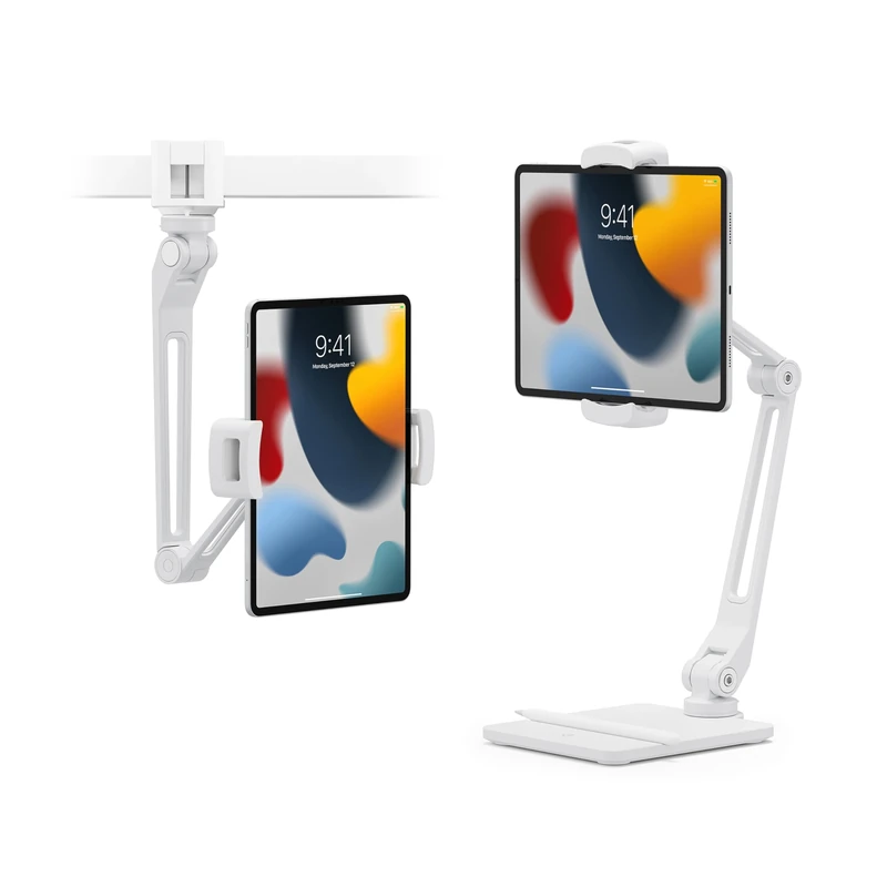 Twelve South HoverBar Duo iPad Stand (2nd Gen) - Adjustable Tablet Stand for Desk with Weighted Base & Clamp Attachment for Mounting, Tablet Holder, Foldable Tablet Desk Stand, Fits All iPads, White