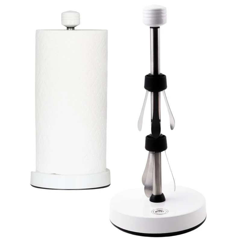 Stainless Steel Whiite Paper Towel Holder Designed for Easy One-Handed Operation - This Sturdy Weighted Paper Towel Dispenser Countertop Model Has Suction Cups and Holds All Paper Towel Rolls - Image 1
