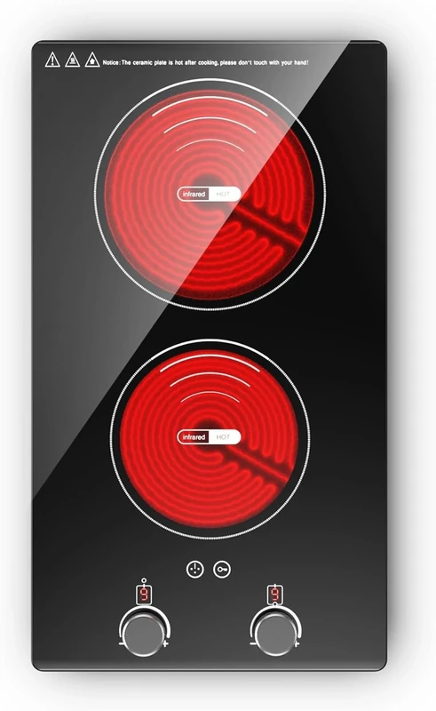 VBGK Double Ceramic Hob, 3000W Plug in Electric Hob Dual Zone with Knob+Touch Control, Electric Cooker with Safety Lock & Timer, 9 Power Levels, 220V-240V