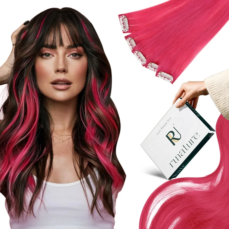 RUNATURE Pink Hair Extensions Colorful Clip For Girls Clip Extension Highlight Pink Hair Addition Clip Natural Human Hair Smooth 14 Inches/35cm 5pcs/25g