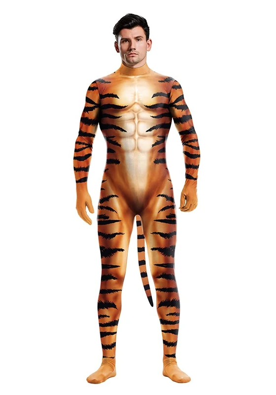 Bemeiren Halloween Cos Catsuit 3D Printed Animal Costumes Jumpsuit Zentai With Tail Men Body Outfit
