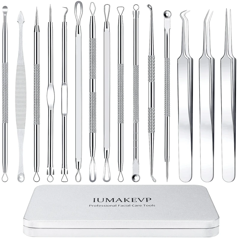 Blackhead Remover Tool Kit, IUMAKEVP 15 PCS Professional Stainless Steel Pimple Popper Comedone Extractor Tools for Removing Pimple, Blackheads, Zit on Face - Acne Removal Kit with Metal Case(Silvery)