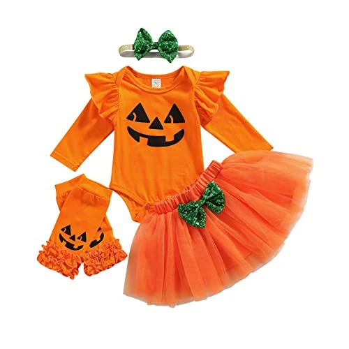 Geagodelia Newborn Baby Girl Halloween Outfit Pumpkin Print Long Sleeve Bodysuit + Tutu Skirt + Leggings + Headband 4 Piece My First Halloween Clothes Set