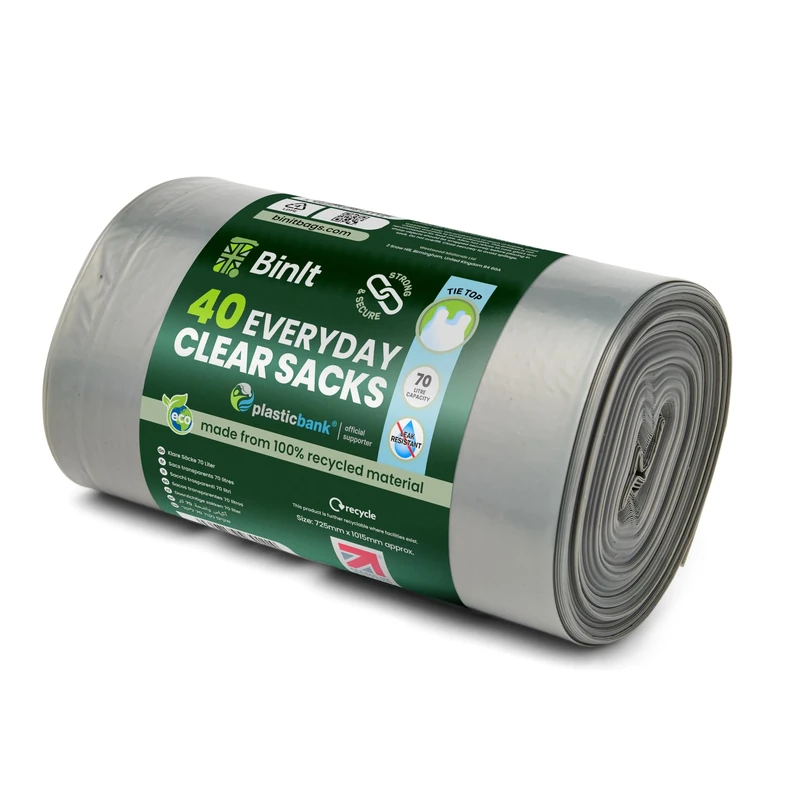 BIN IT 40 Clear Large 70L Strong & Secure, Tie Top, Recycling Sacks, Bin Bags, Bin Liners, Refuse Sacks, Recycled, Tear Resistant, 120 Gauge - 30 μm, Perfect for Everyday Use