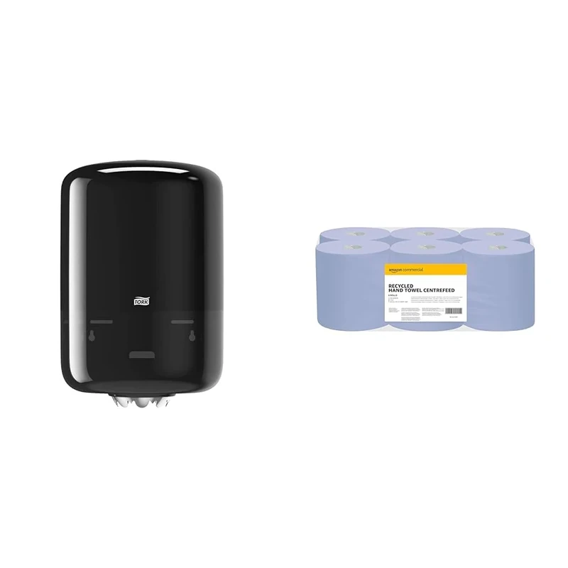 Tork Paper Towel Dispenser with Paper Towels, Black & Blue Recycled 2-Ply, 450 Sheets per Roll, 6-Pack, Wall Mount, Metal