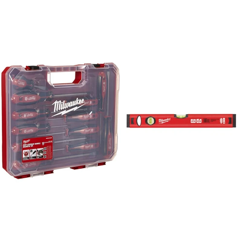 Milwaukee Set of 12 Tri-Lobe Screwdrivers 4932472003 & 4932459090 40 cm/16-Inch Redstick Slim Level - Red/Black