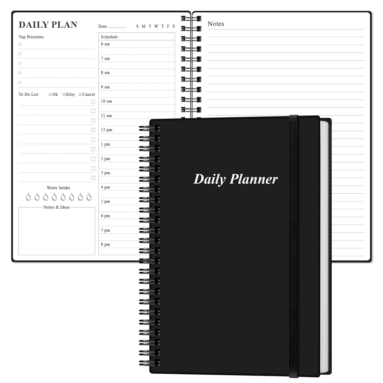 Daily Planner Undated - A5 To Do List Notebook Hourly Schedules, Spiral Appointment Planner for Women and Men, PVC Hardcover, Inner Pocket, Elastic Closure, 5.8" x 8.5", Black