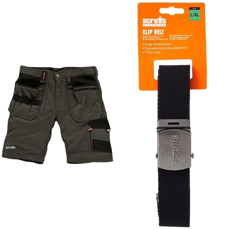Scruffs Men's Men's Trade Shorts Slate, Slate, 36 W UK & T50304 Cotton Adjustable Clip Belt Black One Size