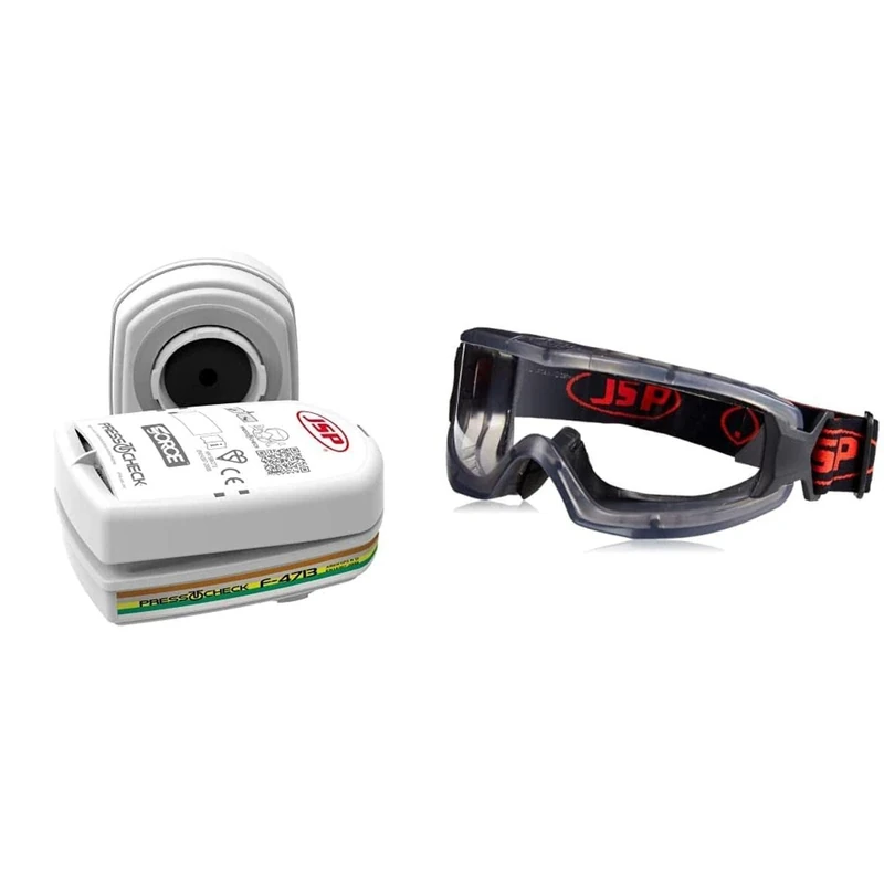 PressToCheck ABEK1 P3 Filters - Set of 2 (JSP BMN750-000-600) & EVO Goggle with Standard Single Anti Mist Lens - (AGM020-623-000), One size
