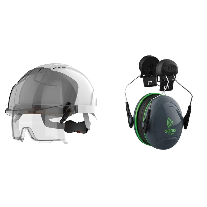 JSP - EVO VISTAlens Safety Helmet with Integrated Eyewear - Vented, White/Smoke & Sonis 1 Helmet Mounted Ear Defenders - SNR 26 - (AEB010-0CY-800)