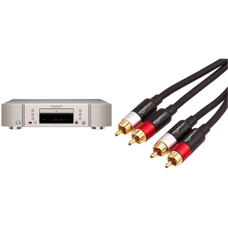 Marantz CD6007 CD Player, Fine Tuned CD Player, Up to 192 kHz/24 Bits, Headphone Amplifier, Digital Filters - Silver/Gold & Amazon Basics 2-Male to 2-Male RCA Audio Cable - 1.22 meters