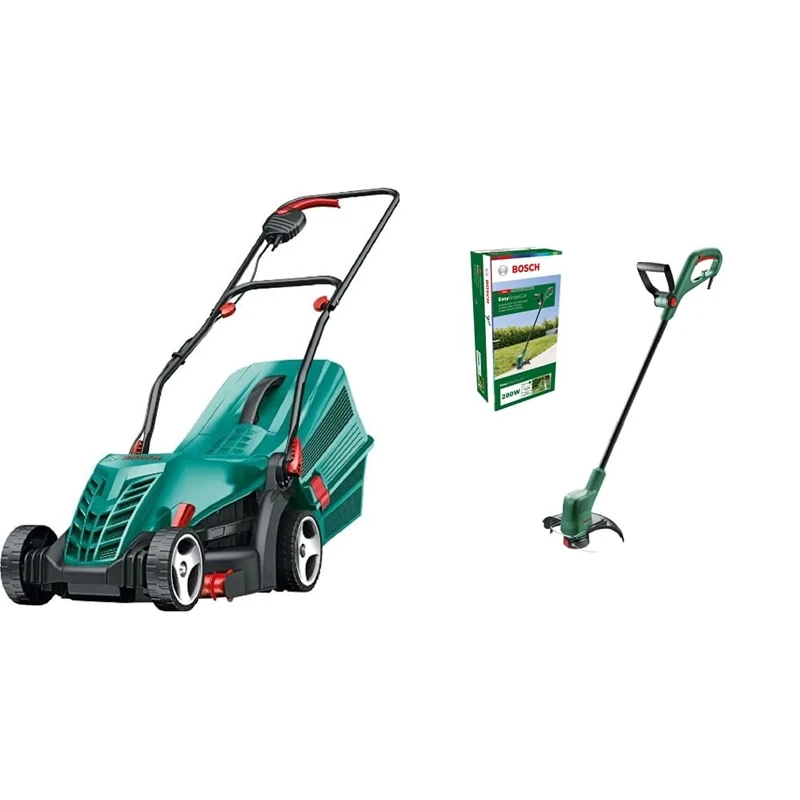 Bosch Rotak 34R Electric Lawnmower (1300 W, Cutting width: 34 cm, In carton packaging) & Bosch Electric Grass Trimmer EasyGrassCut 23 (280 Watt, cutting diameter 23 cm, in carton packaging)