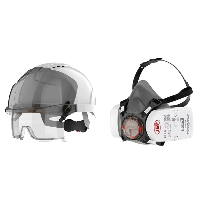 JSP - EVO VISTAlens Safety Helmet with Integrated Eyewear - Vented, White/Smoke & Force 8 Half-Mask with PressToCheck P3 Filters ( BHT0A3-0L5-N00), Grey, Medium