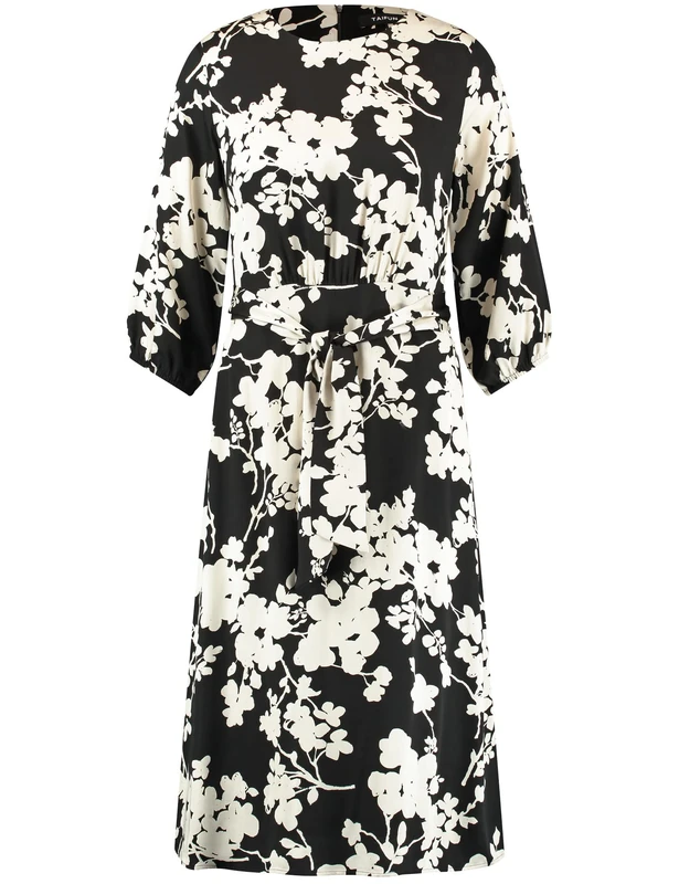 Taifun Women's Midi Dress with Floral Print Balloon Sleeves, 3/4 Sleeves, Elastic Sleeve Hem Dress, Long Sleeve Short Midi Dress, Floral Knee-Length, Black Patterned, 18