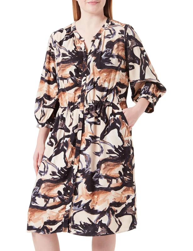 Gerry Weber Women's Patterned Blouse Dress with Waist Elastic Sleeve Hem Balloon Sleeves 3/4 Sleeve Patterned Knee-Length, Ecru/White/Black Print, 8