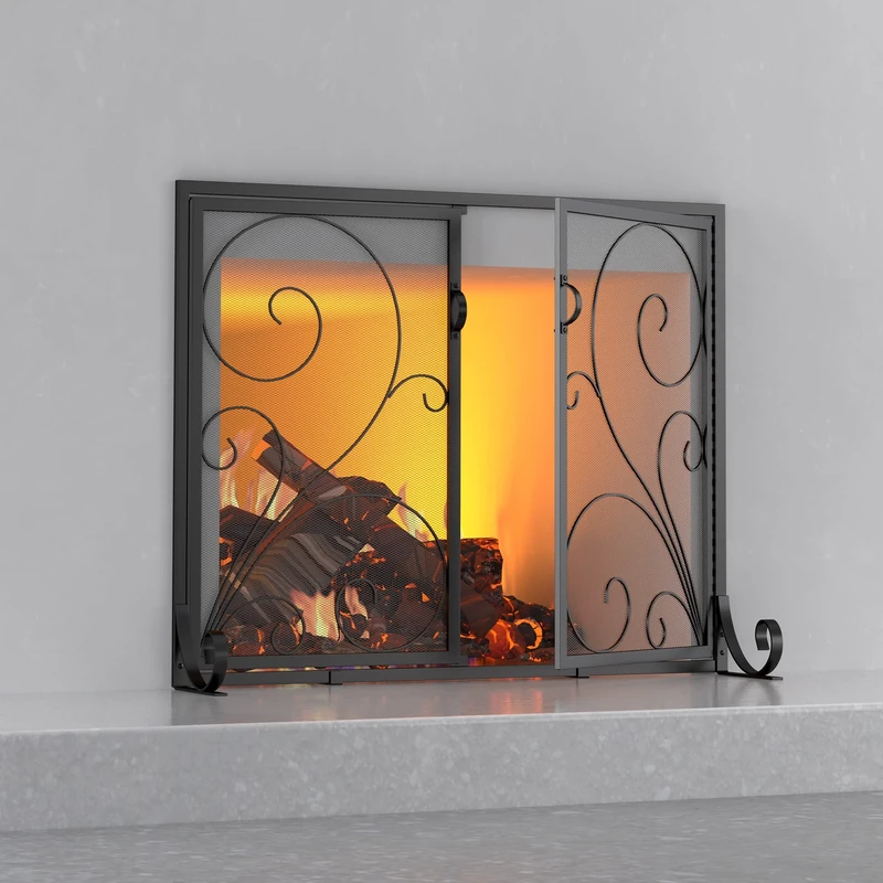 Fire Beauty Fireplace Screen with Doors, Handcrafted Solid Steel, Heavy Duty Metal Mesh, Powder Coat Finish, Free Standing Spark Guard - Image 1