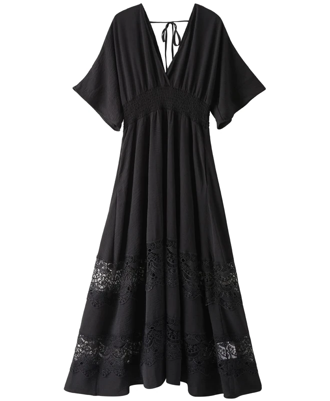 Olaesa Women's Smocked Waist Lace Flowy Ruffle V Neck Boho Maxi Dress, Black, X-Large