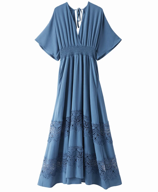 Olaesa Women's Smocked Waist Lace Flowy Ruffle V Neck Boho Maxi Dress, Blue, Large