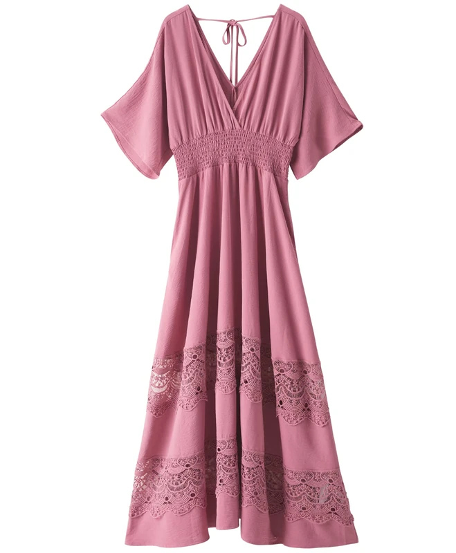 Olaesa Women's Maxi Dress Smocked Waist Lace Eyelet Flowy Party Dress Ruffle V Neck Boho Dress, Pink, Large