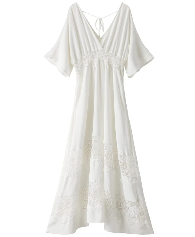 Olaesa Women's Lace Maxi Dress Short Sleeve V Neck Party Dress Smocked Waist Boho Maxi Dress Bohemian Dress for Women, White, L