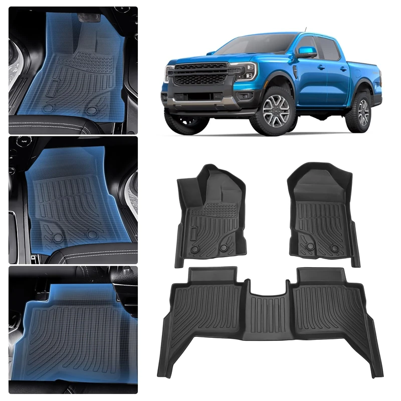 Sunsdrew Custom Fit for Floor Mats 2019-2022 Ford Ranger SuperCrew (Not fit SuperCab) All Weather Car Mats Carpet Heavy Duty Waterproof Odorless Full Set