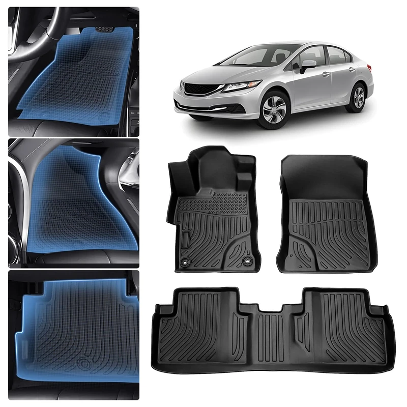 Sunsdrew Floor Mats for 2012 2013 2014 2015 Honda Civic All Weather Rubber Civic Floor Liners,3PCS Front&Rear Row Full Set Waterproof Car Mats for Civic Accessories TPE Black