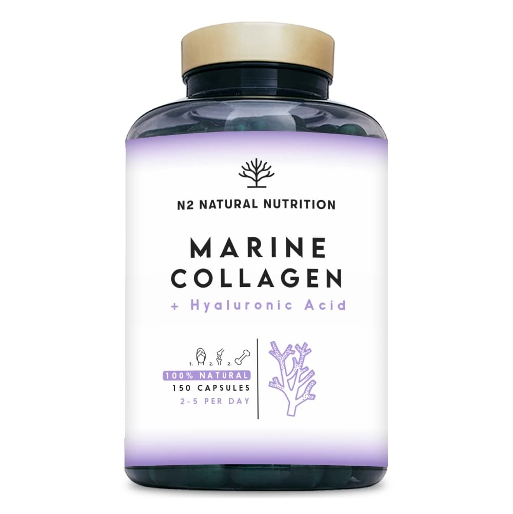 Marine Collagen & Hyaluronic Acid. 150 Caps, 75 Days. PEPTAN Collagen Supplements with Magnesium, Vitamin C for Skin Care, Hair & Joints for Anti Aging Effect. EU. N2 Natural Nutrition