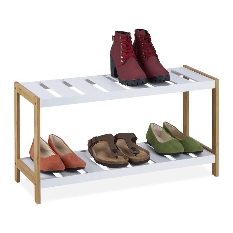 Relaxdays Shoe Rack, 2 Shelves, for 6 Pairs, 35.5 x 70 x 26.5 cm, Footwear Storage, MDF & Bamboo, White/Natural, 70% fibreboard 30%