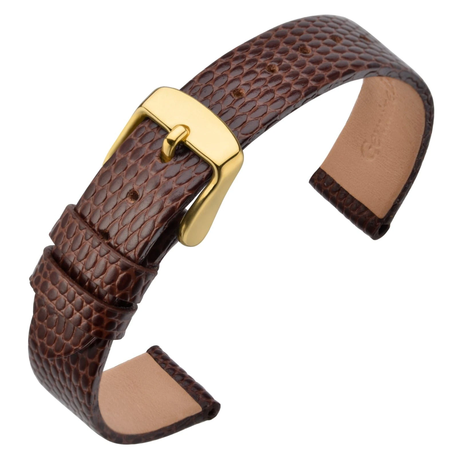 ANNEFIT Women's Leather Watch Band 10mm with Gold Buckle, Lizard Grain Slim Thin Replacement Strap (Brown)