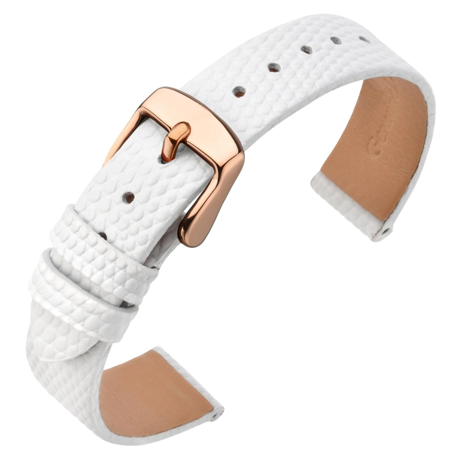 ANNEFIT Women's Leather Watch Band 10mm with Rose Gold Buckle, Lizard Grain Slim Thin Replacement Strap (White)