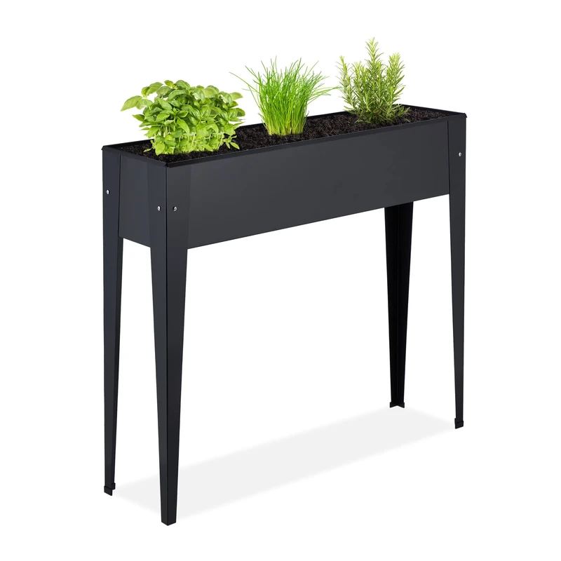 Relaxdays Metal Raised Planter, Narrow, Elevated Herb Box, 83 x 99 x 26 cm, Garden, Balcony & Patio, Flowerbed, Black