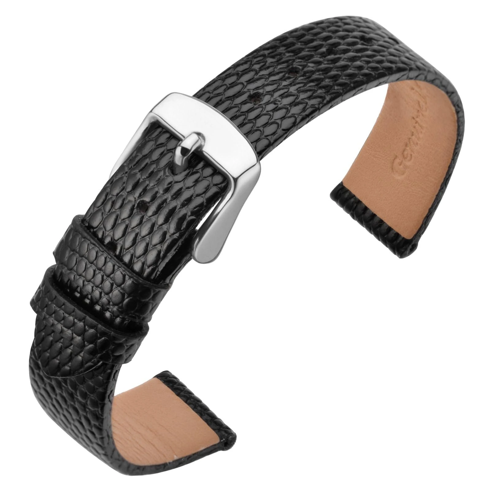 ANNEFIT Women's Leather Watch Band 10mm, Lizard Grain Slim Thin Replacement Strap (Black)