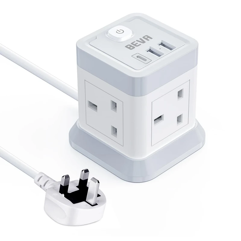 3M Extension Lead Cube With USB, BEVA 4 Gang Extension Socket With 3 USB Ports, Power Strip With Switch Multi Plug Extension with 3 Metre Long Cable For Home Office Travel
